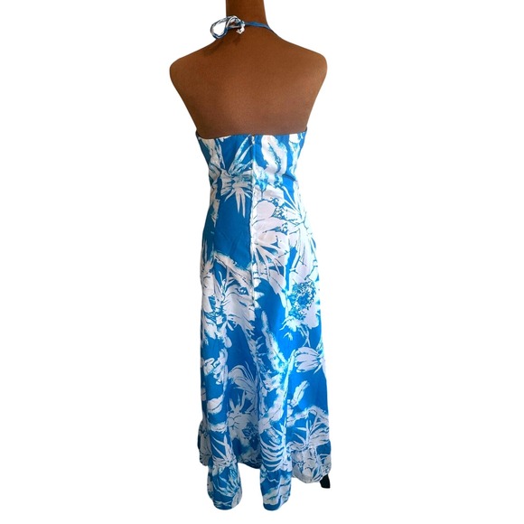 Vintage 70s Sun Fashions of Hawaii Blue Floral Halter Maxi Dress Ruffle Sz 4–6 - Picture 3 of 9